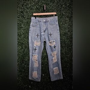 SHEIN Blue Distressed Jeans with Star Details